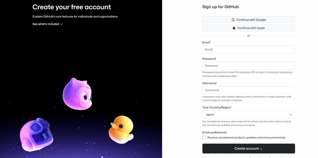 GitHub アカウント作成画面
