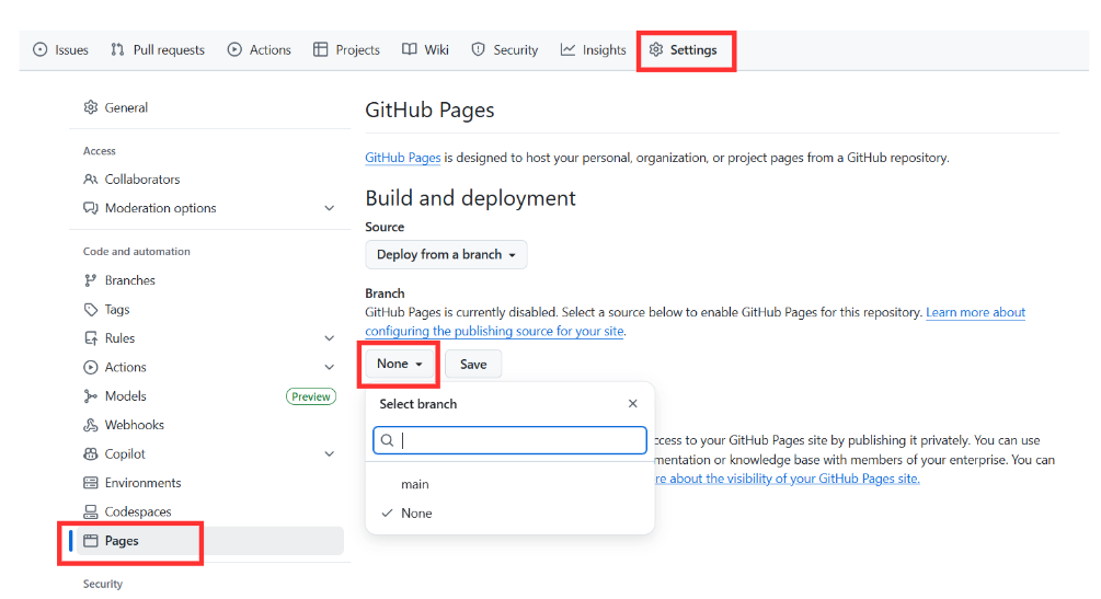 GitHub Pages 設定画面
